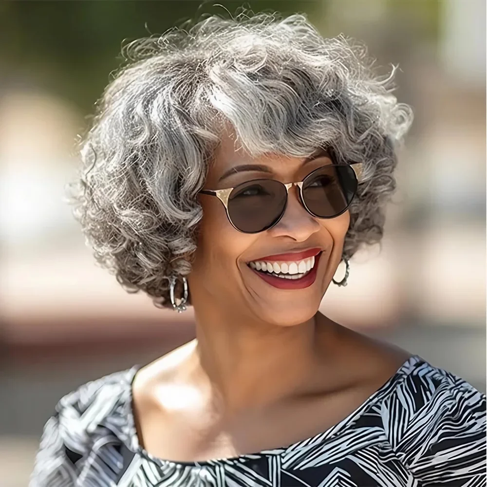 

Wig Secret Salt & Pepper Wig Glueless 5x5 Pre-Cut Loose Curly Lace Closure Human Hair With Bangs Silver Grey Bob Wigs For Women