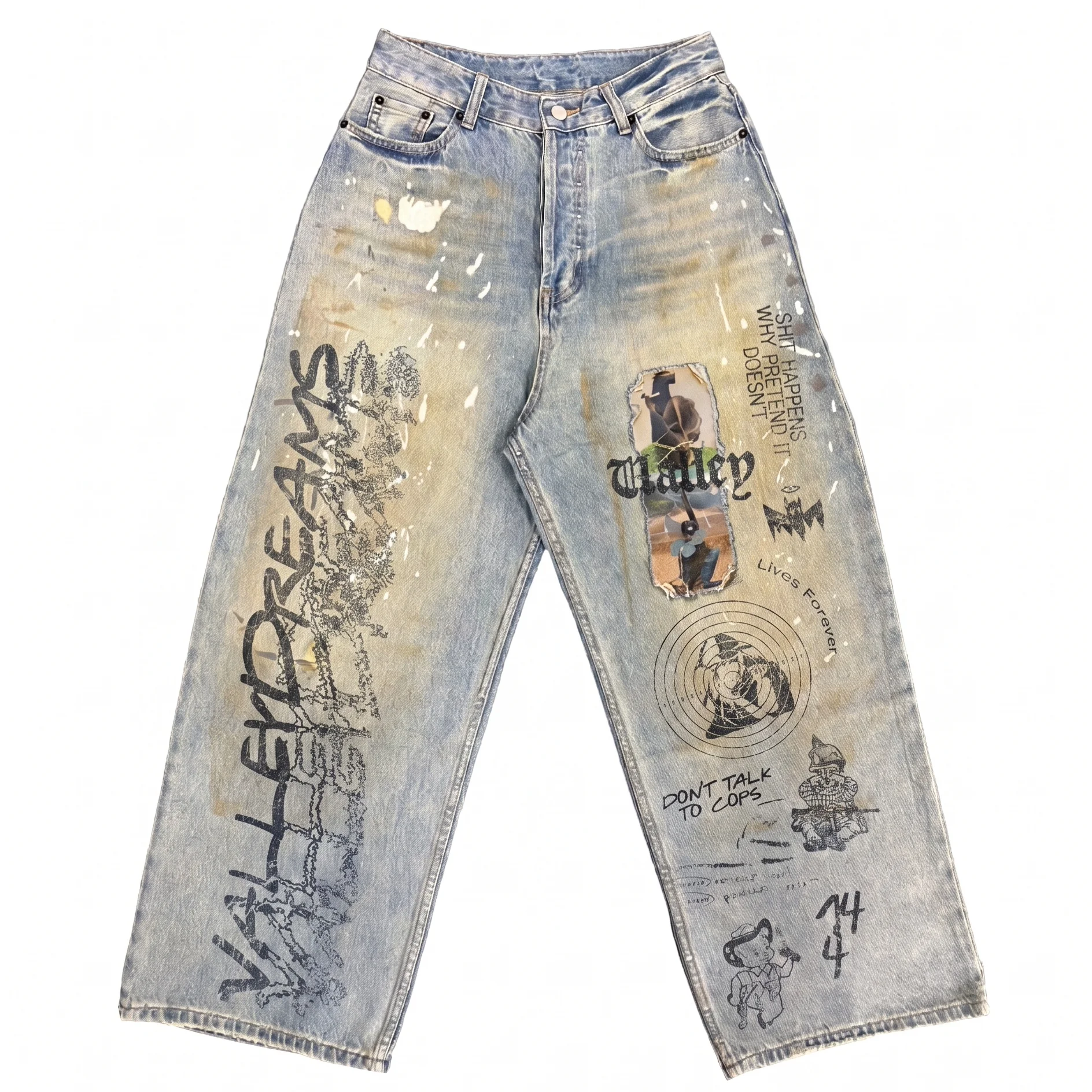 High Street Punk Style Graffiti Jeans Worn Washed Loose Straight Casual Pants Men's mid Waist Denim Fabric Summer Season