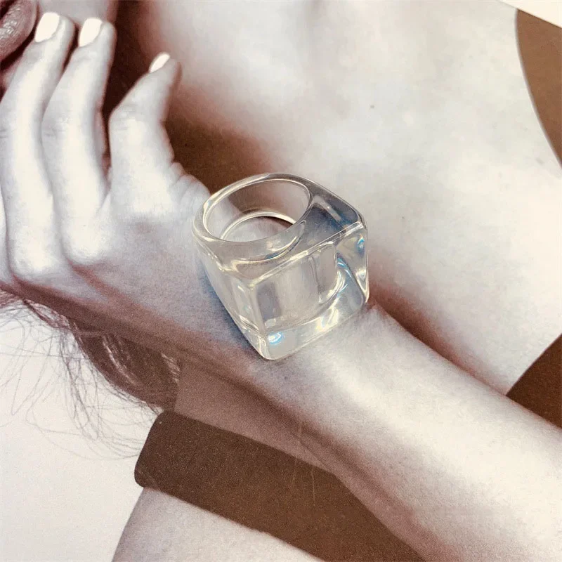 Vintage Geometric Square White Black Color Resin Big Finger Rings for Women Fashion Transparent Acrylic Ring for CoupleWholesale image 6