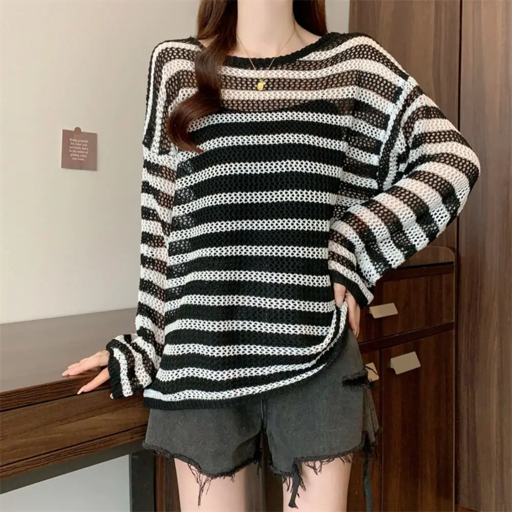 Elegante casual lavorato a maglia pullover vuoto abbigliamento da spiaggia allentato maglietta a maniche lunghe girocollo striscia top all'uncinetto donna streetwear