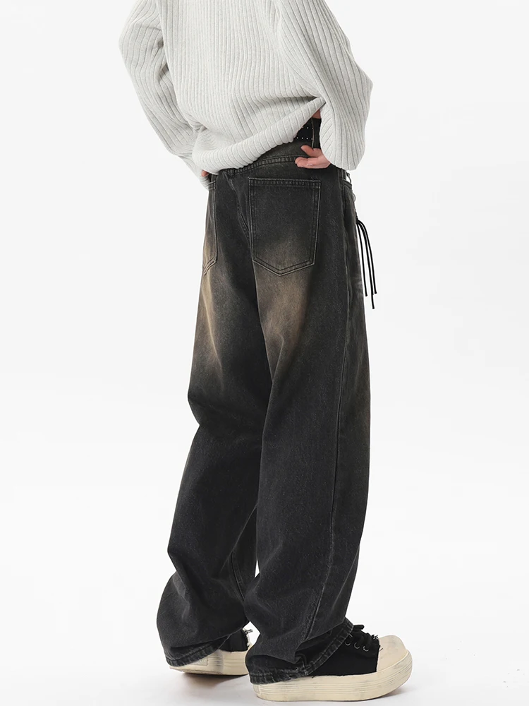 Bla مستقيم الساق الرجال الجينز فضفاض عارضة السراويل الطويلة ربيع الخريف الأمريكية الرجعية شارع العليا ثنى واسعة الساق الدنيم السراويل