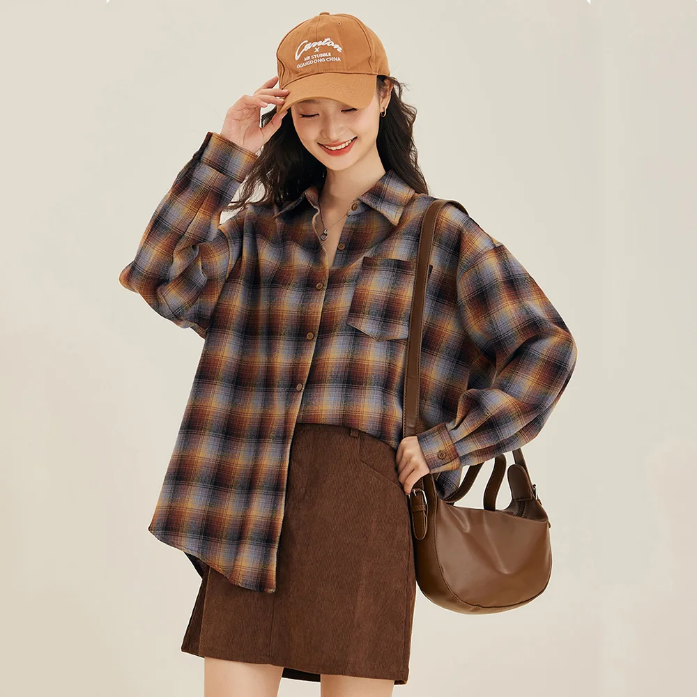 New Women Spring Autumn Cotton Plaid Shirt Fashion Turn-down Collar Drop Sleeve Loose Tops Vintage Casual Coffee Plaid Shirt