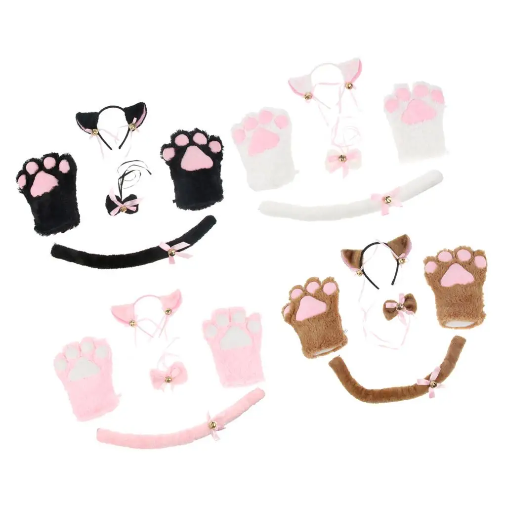 Cat Cosplay Set Plush Gloves Kitten Ear Tail Collar Paws Party Costume