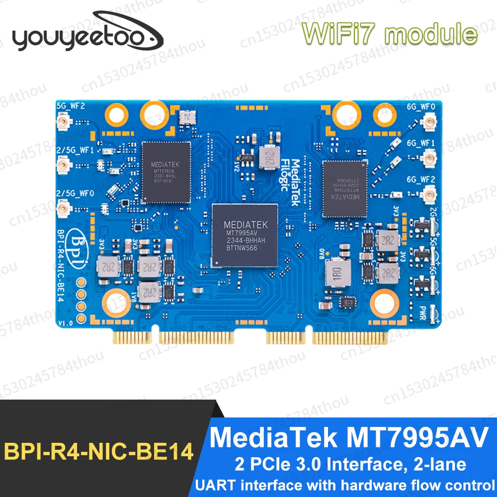 

Banana Pi BPI-R4-NIC-BE14 wifi7 module Accessories for BPI-R4 MediaTek MT7995AV Chipset 2 PCIe 3.0 Interface,2-lane 6pcs Antenna