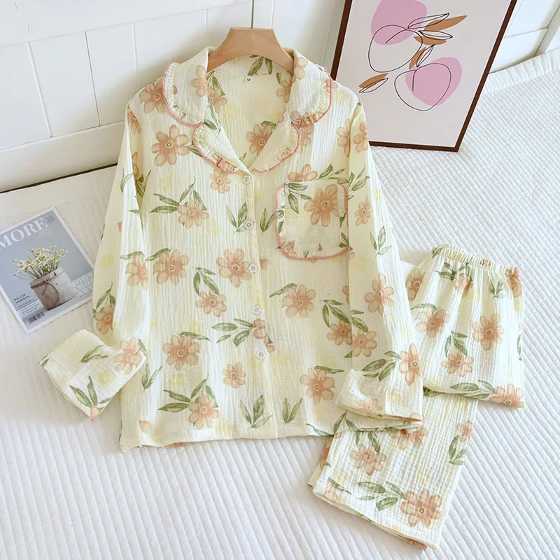 

Spring and Autumn 2024 New Women's Pajama Set 100% Cotton Crepe Long Sleeve Pants Two Piece Cute Sweet Summer Thin Homewear