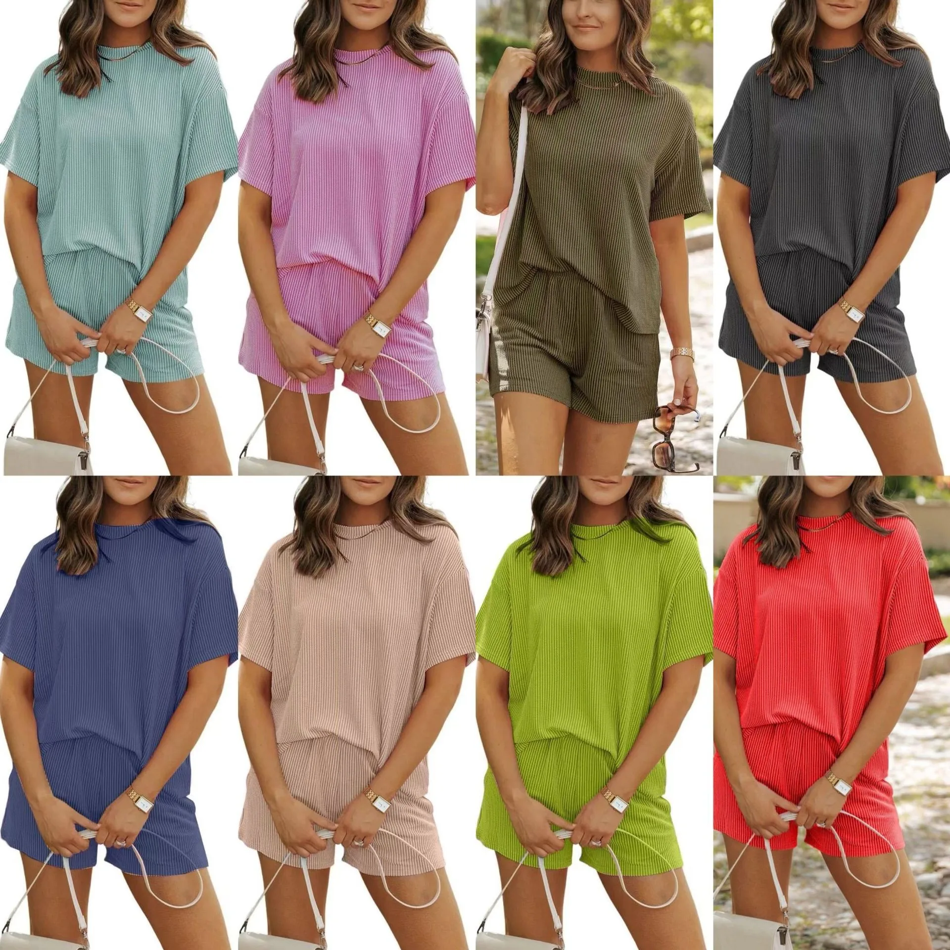 2 Pieces Set For Woman Shorts Pastel Green High Waist Short Pants Ribbed Knit Coral Red Olive Green Casual Shorts