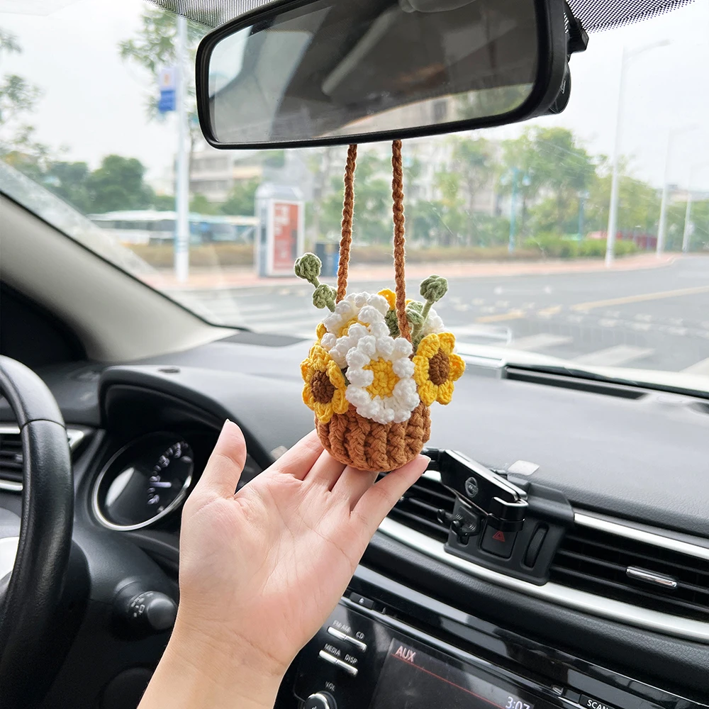 Kawaii artesanal crochê flores carro pendurado planta margarida bonito acessórios de automóveis decoração interior adolescentes espelho retrovisor h