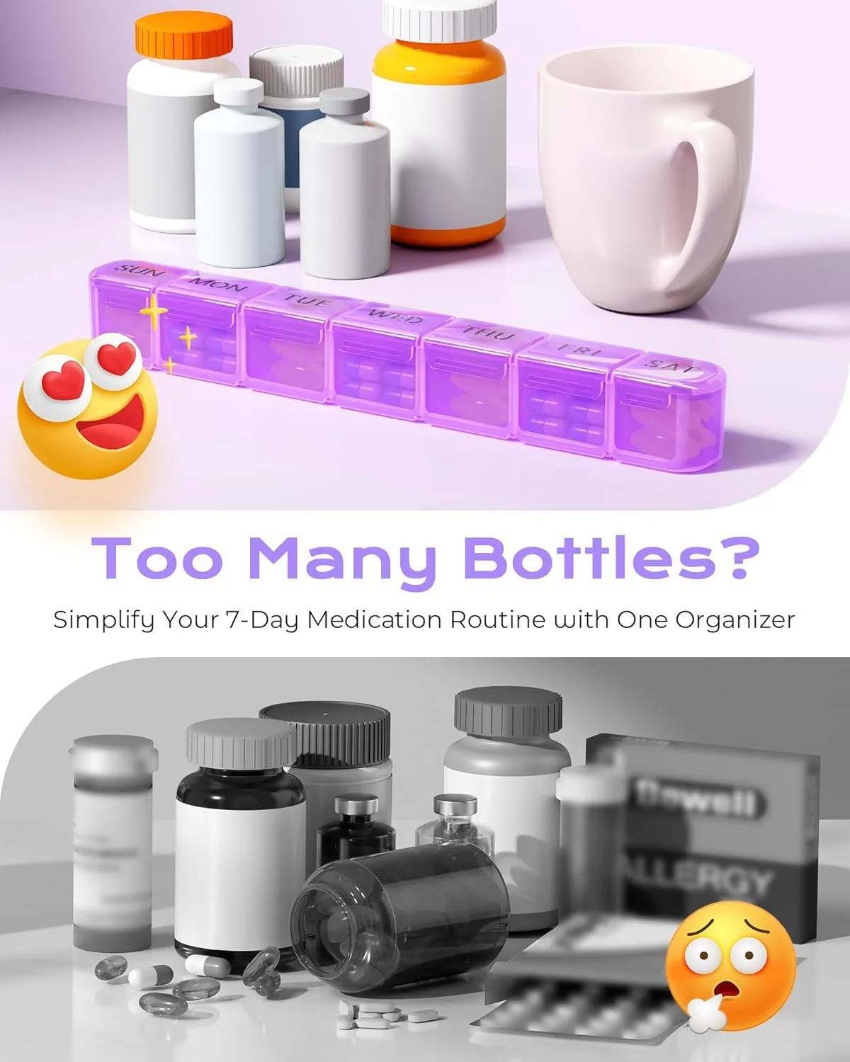 Large Capacity Daviky 7 Day Weekly Pill Box Portable Travel Pill Case Daily Pill Dispenser Perfect for Vitamins Medication