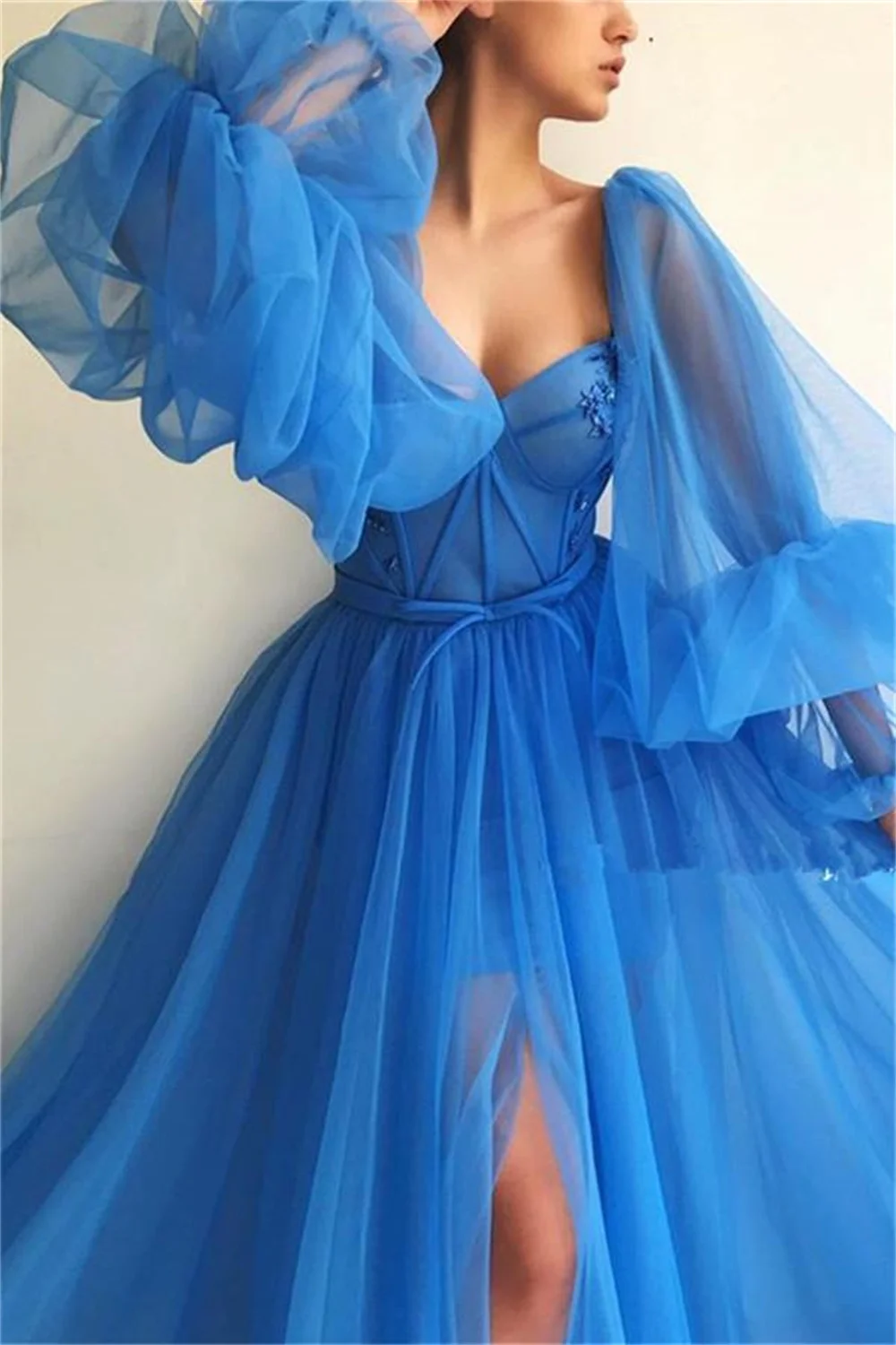 Bella Blue Prom Dresses A-line Tulle Wedding Dress Elegant Puffy Sleeves Floor-Length Heart Shape Neck Vestidos De Fiesta 2024