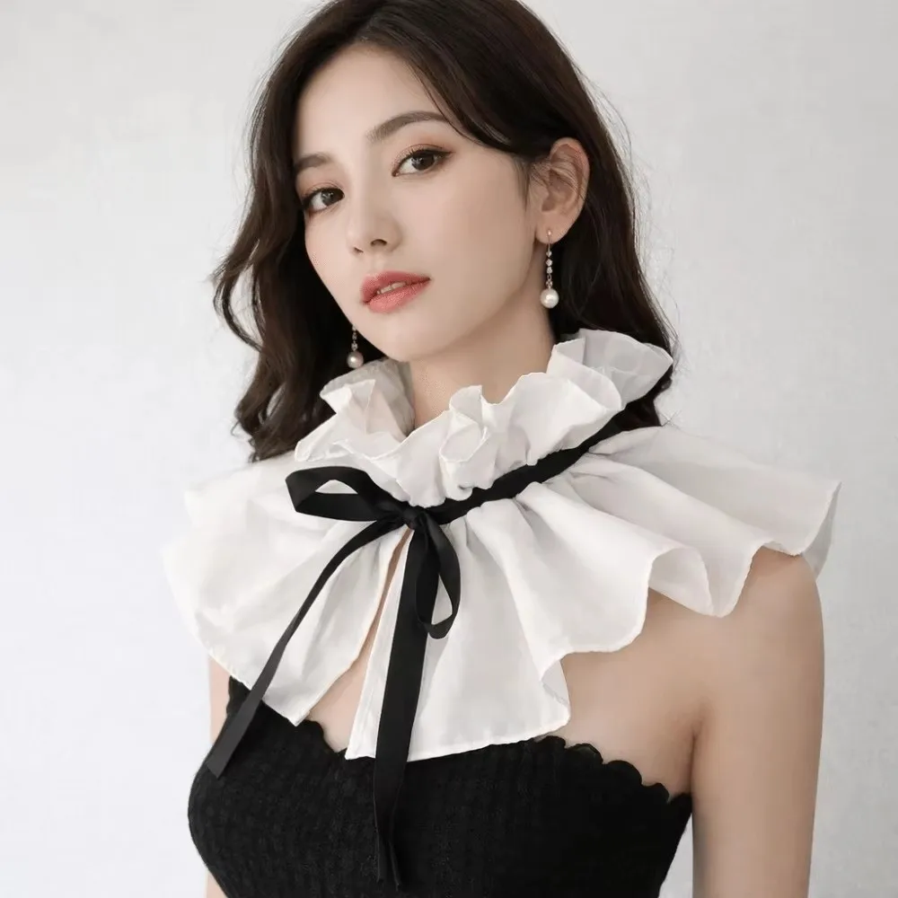 Retro High Neck False Collar Lace Up Pleated Design Detachable Collar Polyester Material Ribbon Tie Faux Collar Casual Wear