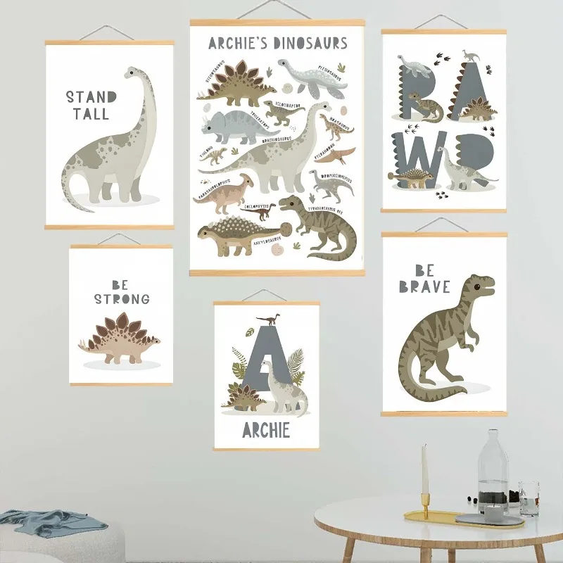 Dinosaur Alphabet Number Tracks Brave Quotes Wall Art Wood Hanger Scroll Painting Posters Canvas Pictures Kids Room Prints Decor