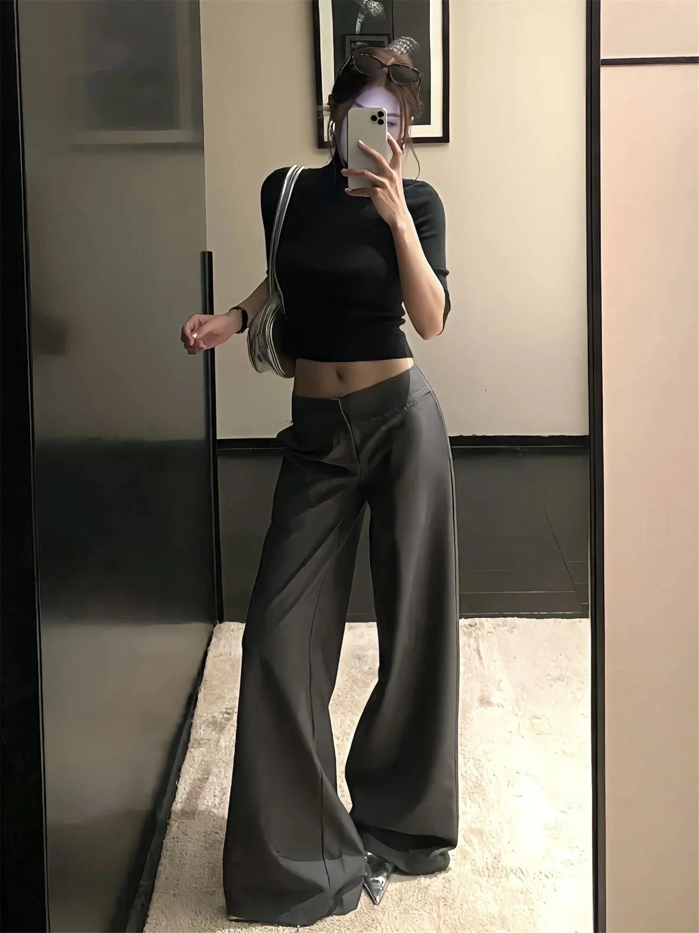 

High Waist Wide Leg Suit Pants for Women Loose Fitting Extended Length Grey Vintage Trousers Casual Straight Cut Polyester
