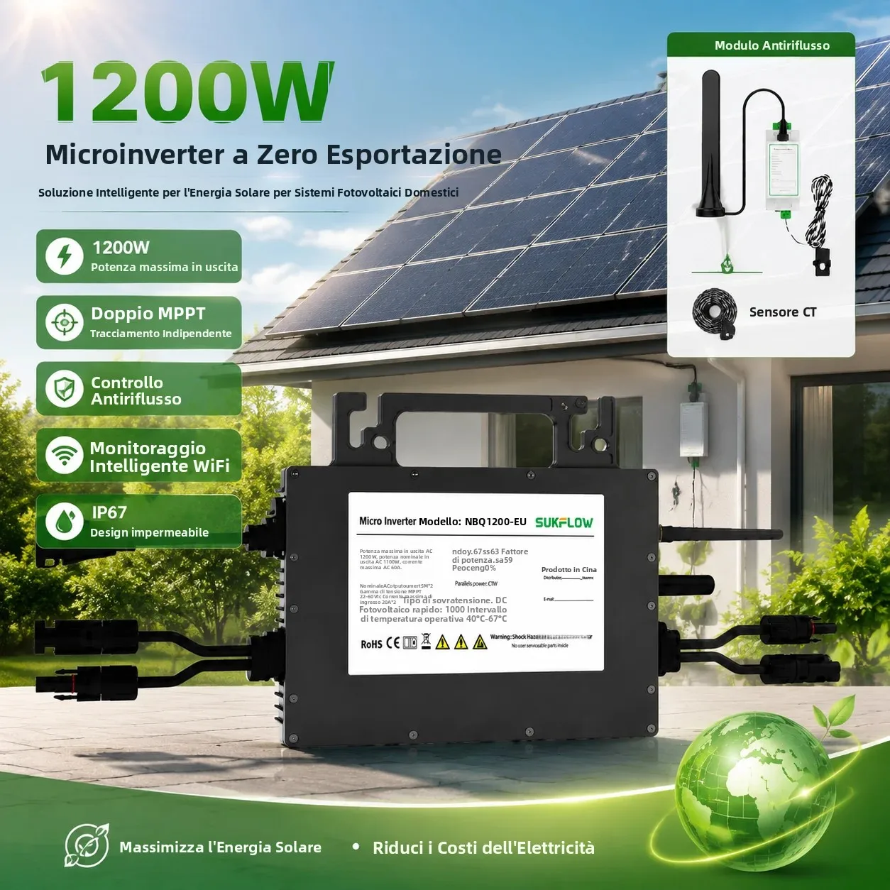 SUKFLOW Zero Export Micro Inverter 1200W con Monitoraggio WiFi e MPPT Anti-Riflusso per Sistema Fotovoltaico da Balcone