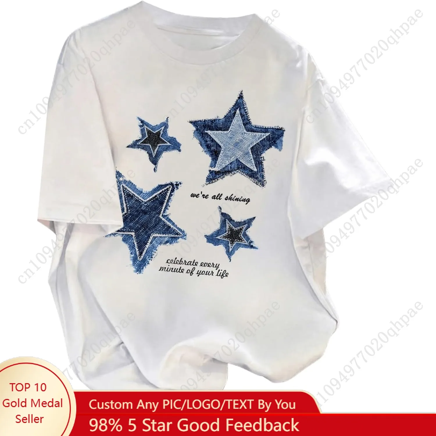 เสื้อยืดแขนสั้นคอกลมพิมพ์ลายดาวตัวอักษรแบบหลวมๆ สำหรับเด็กผู้หญิง