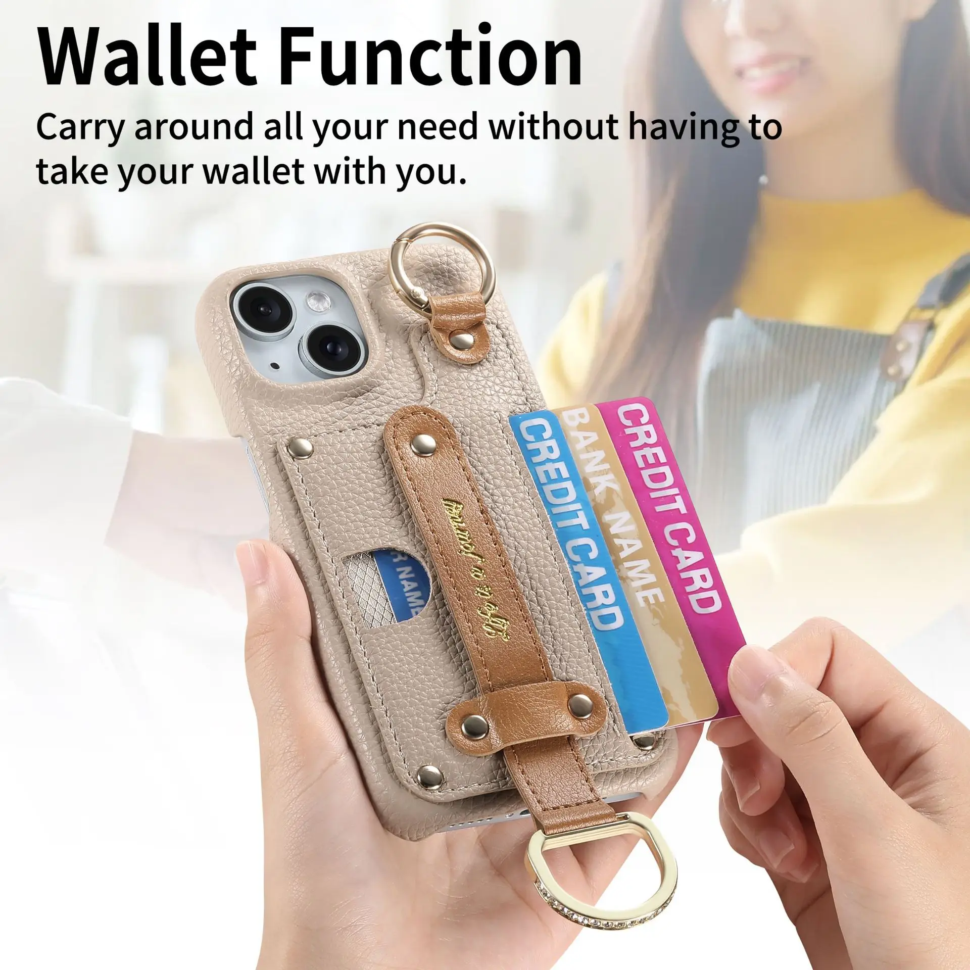 

Litchi Grain Leather Wrist Strap Case For iPhone 16E 16 15 14 13 12 11 Pro Max 16 Plus Diamond Ring Shockproof Wallet Cover