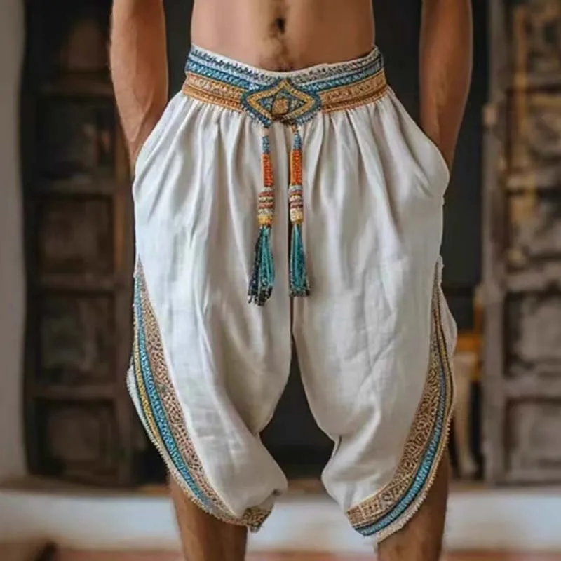 

Мужские повседневные пляжные брюки с кисточками и эластичной резинкой на талии, новинка 2025, этнические льняные модные свободные кружевные удобные укороченные брюки с принтом, мужские 2025 г.