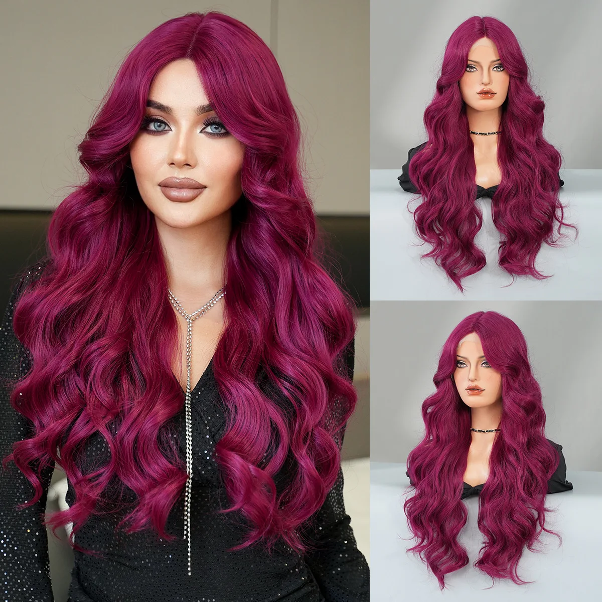 Small T white gold lace wig with long curly hair and big waves, chemical fiber full headgear