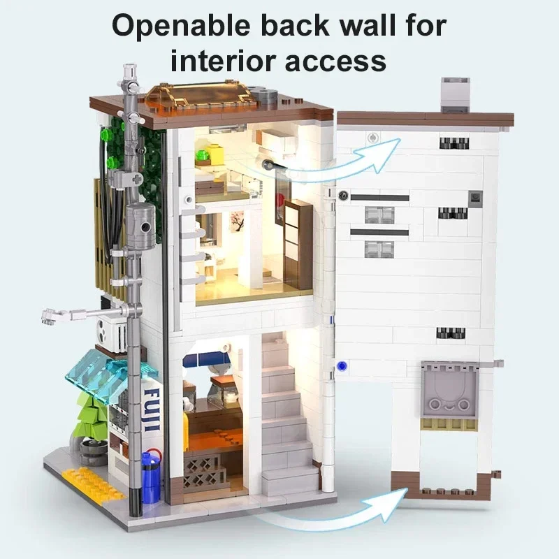 Cada led cidade japonês vista de rua tijolos loja led japonês cozido no vapor bun casa arquitetura blocos de construção café tsummer oys