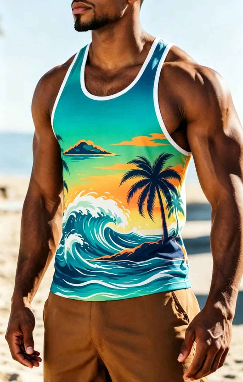 Men's tropical sailing style printed sleeveless Tank, suitable for summer fitness, beach travel, daily travel, and casual wear
