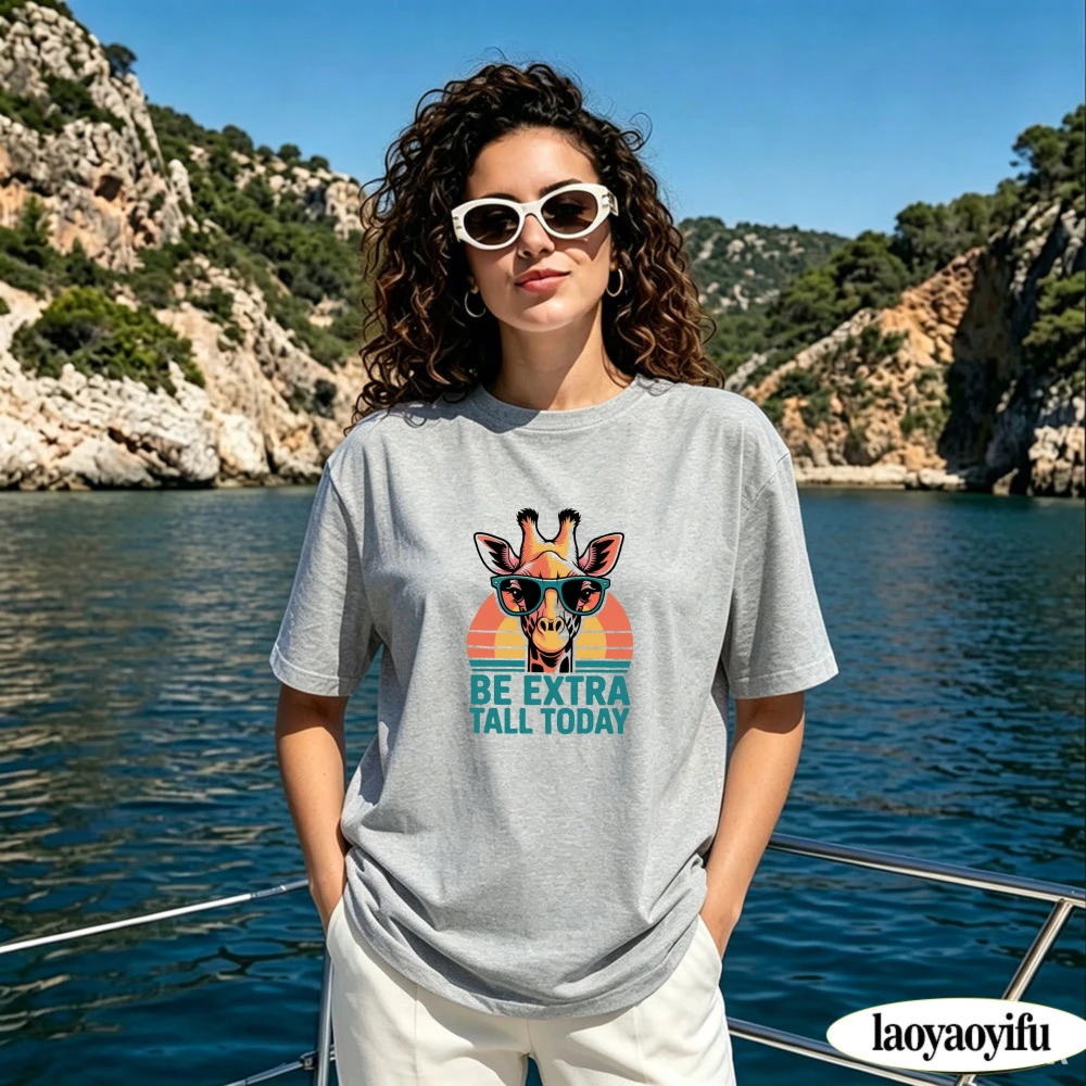 Funny Retro Giraffe Cotton T Shirt Be Extra Tall Today Letter Print Unisex Short Sleeve Tee Women Clothes