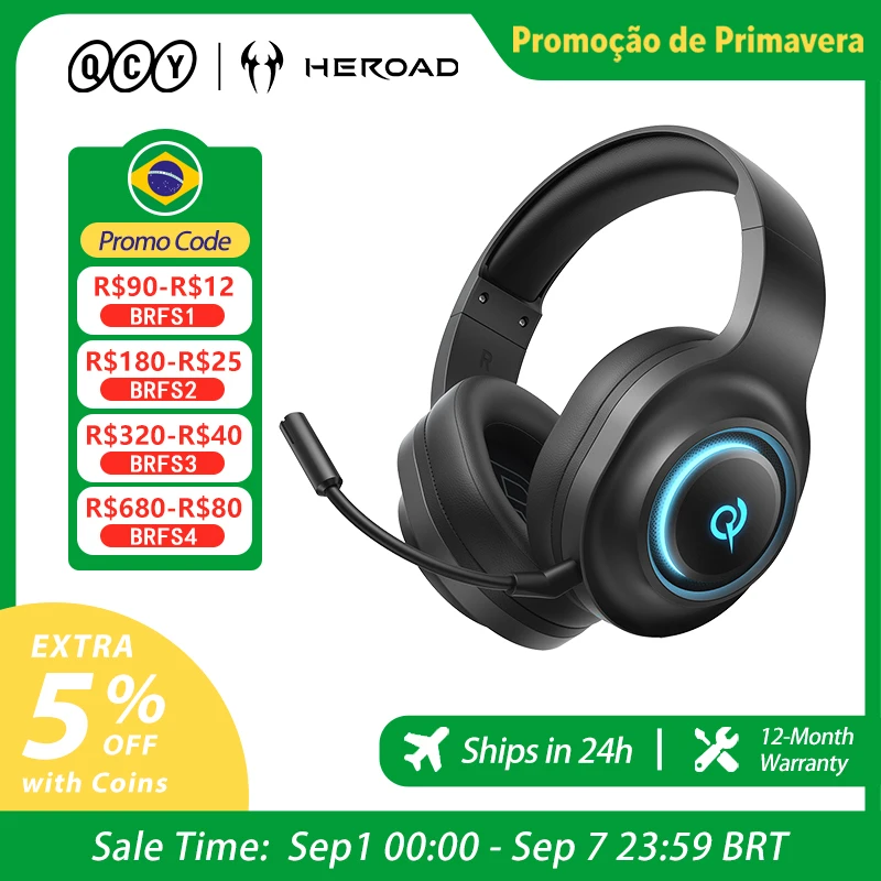 Fone QCY de ouvido gamer Heroad V200 com microfone, tri-modo, RGB, over-ear, som surround 7.1, drivers de 50mm para PC.