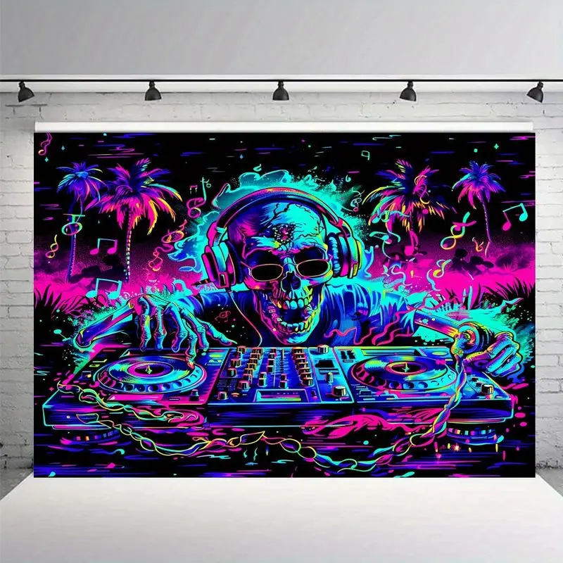 VIKAMA Neon Skeleton DJ Disc Palm Tree Psychedelic Tapestry, Electronic Party Wall Hanging for Bedroom Decor