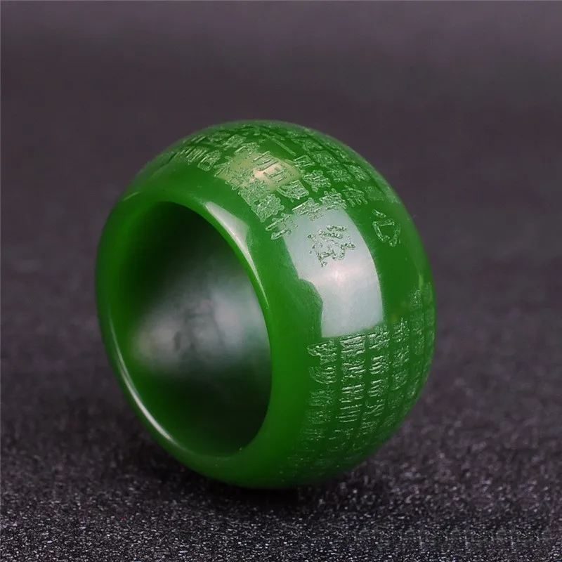 Genuine Natural Green Jade Heart Sutra Ring Men Healing Jewelry Real Chinese Hetian Jades Stone Nephrite Hand-carved Thumb Rings