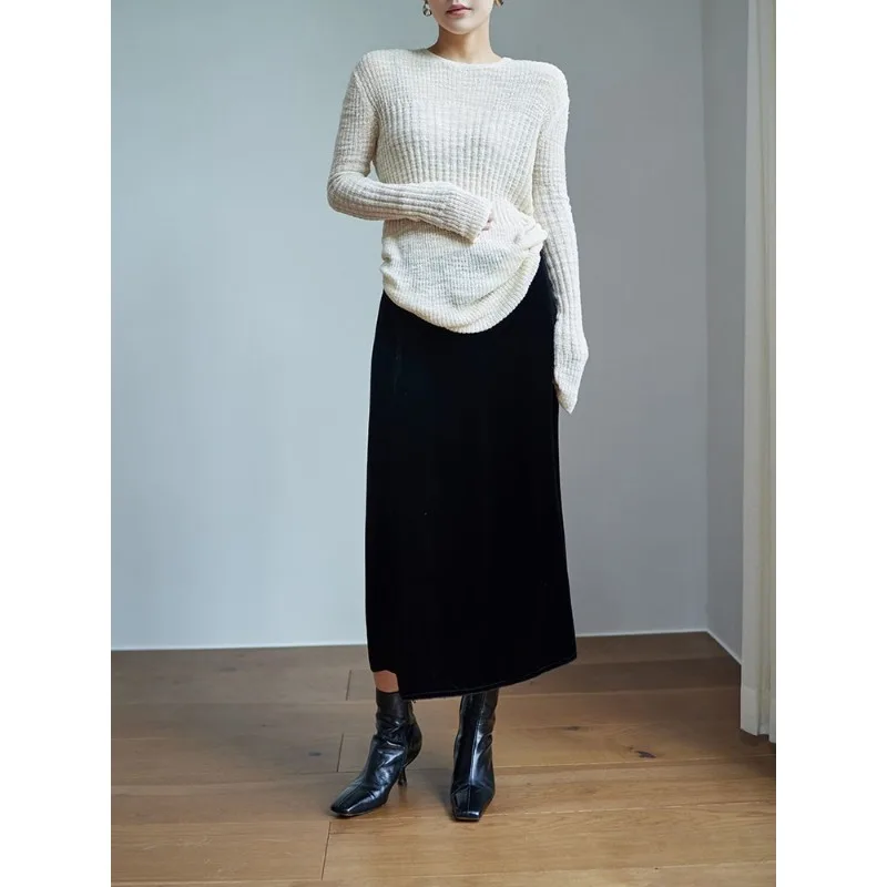 طويل من الأمام وقصير الظهر كبير تمتد حفرة الشريط محبوك مزاجه قاع قميص جولة الرقبة طويلة الأكمام تنوعا السترة #4