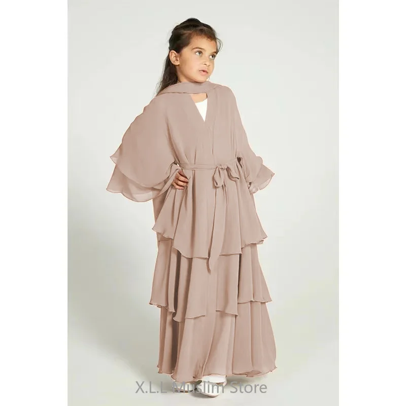 Chiffon Muslim Abaya Kids Abaya Girls Islamic Dresses Prayer Clothing For Children Musulmane Ramadan Kebaya Robe Without Hijab