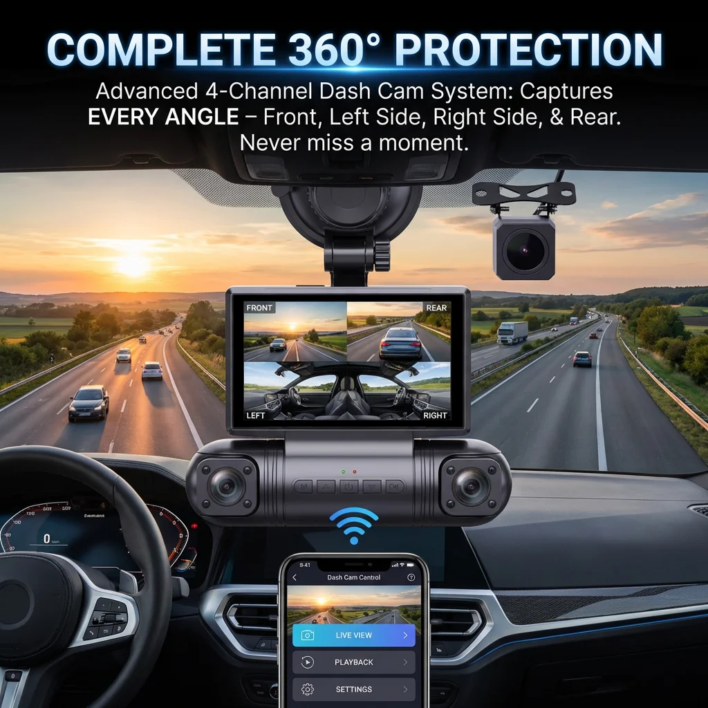 4 Channel Dash Cam 2K Front +1080P Left Right Rear Car DVR Camera WiFi Night Vision 3.0