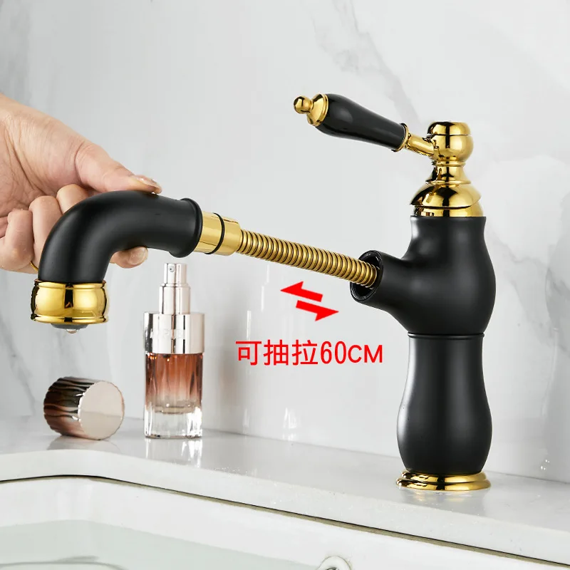 French retro pure copper pulling faucet, brass basin bathroom cabinet faucet