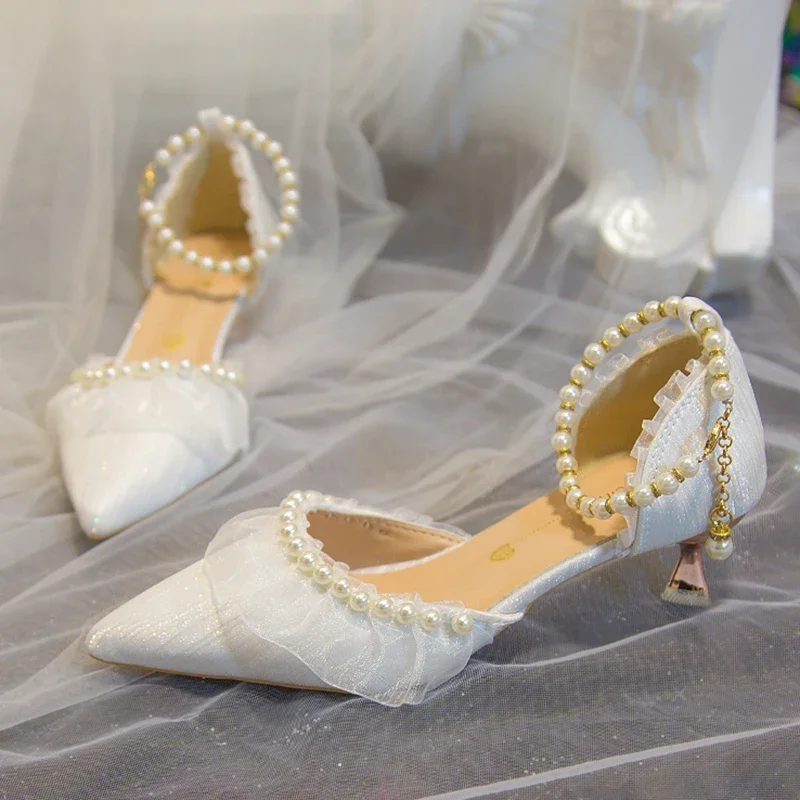 Elegant Pearl Weddings Bridal High Heels Shoes Woman 2026 Autumn Ankle Straps White Party Pumps for Women Silk Pointed Toe Shoes view 6