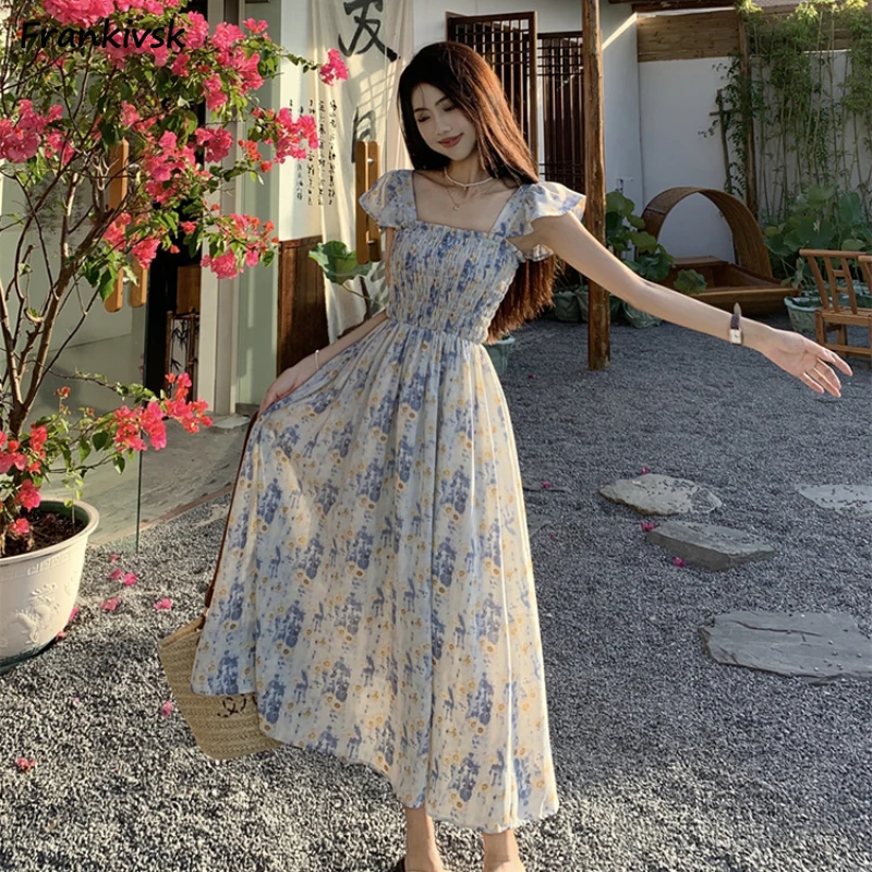 

Dresses for Women Floral Printed Maxi Dating Elegant Summer Temper Fairy College Slim A-line French Style Aesthetic Vintage Chic