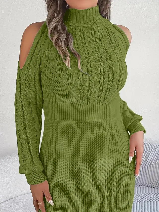 Women's Plus Size Knit Sweater Dress Sexy Cold Shoulder High Neck Autumn Winter Vintage Cable Knit Bodycon Dress Teal Green view 5