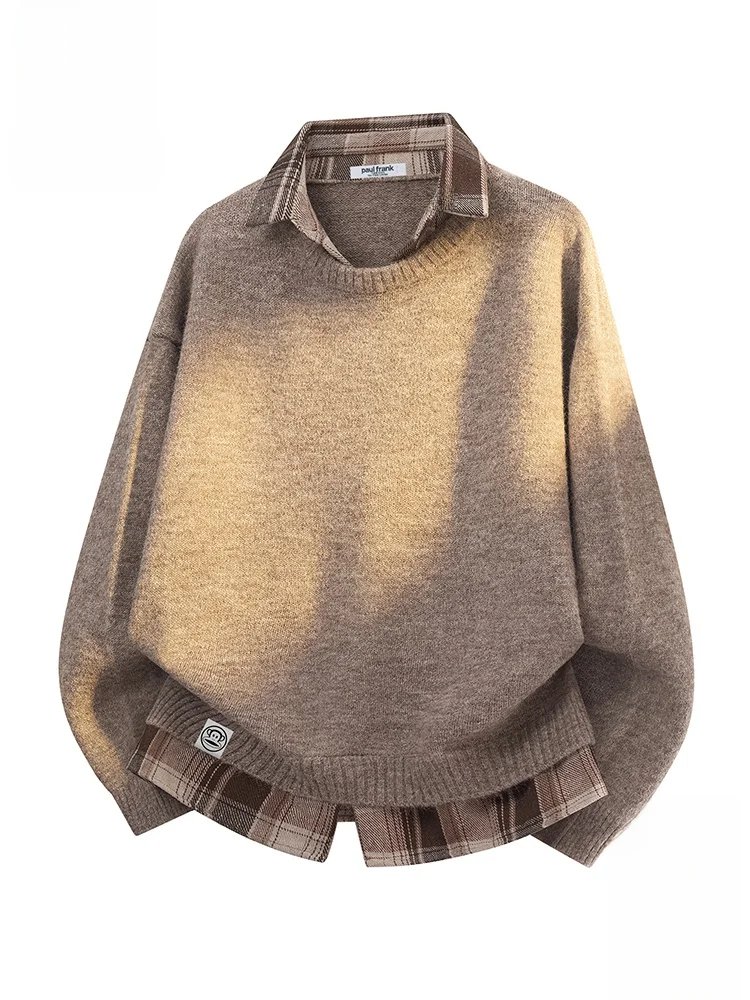 

Мужской свитер Paul Frank в клетку с воротником и длинными рукавами, осенний модный повседневный вязаный топ в уличном стиле, мягкий и удобный.