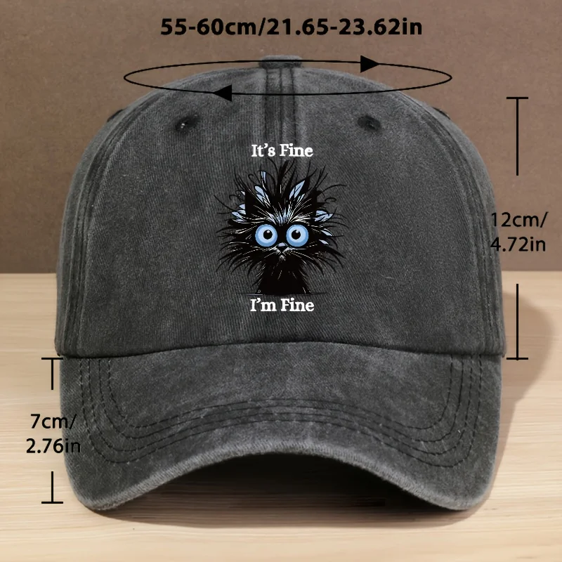 Fashionable "It'S Fine, I'm Fine" Cat Graphic Washed Baseball Cap Adjustable Fit, Lightweight & Durable, Perfect for Outdoor S