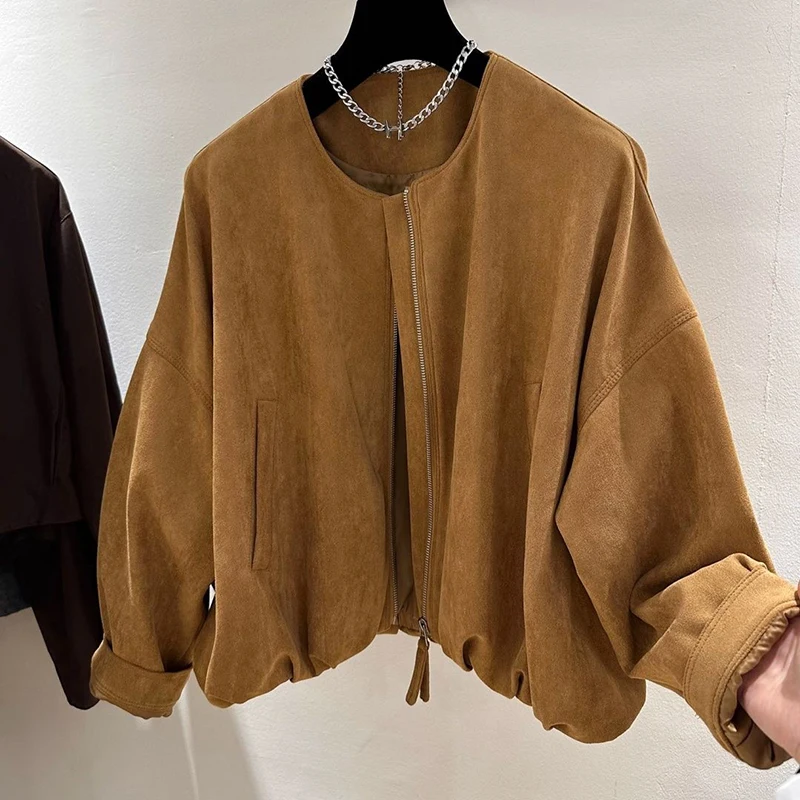 Outono vintage jaqueta com zíper feminino manga longa o pescoço streetwear casacos soltos sólido simples casual retro preppy feminino novo outwear