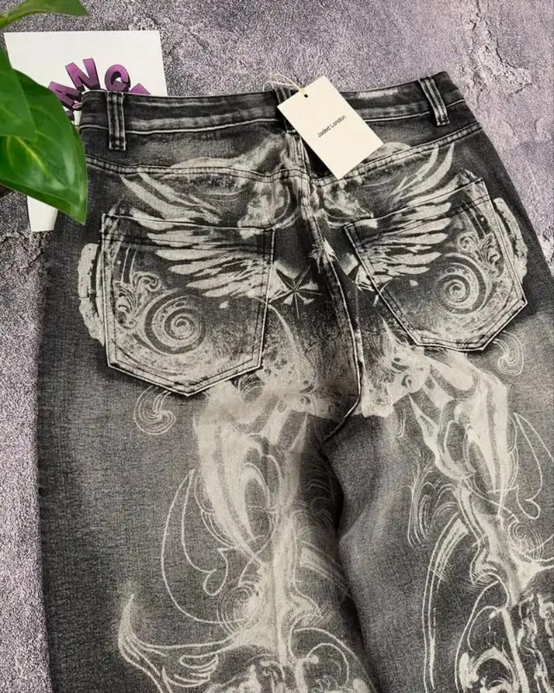 Jaede Lindon الجناح طباعة الجينز الرجعية القوطية العصرية السراويل فضفاضة المتضخم غسلها الهيب هوب Harajuku نمط زوجين السراويل واسعة #5