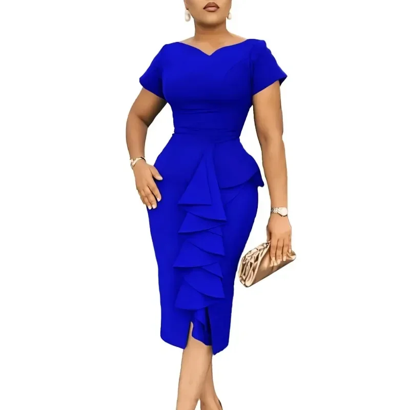 

Africa Clothing Elegant African Dresses for Women 2024 Summer African Short Sleeve V-neck Polyester Bodycon Dress Gowns Outfits