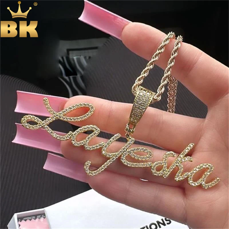 THE BLING KING Personalized Artical Cursive Letters Iced Out Cubic Zirconia Custom Name Pendant Necklace Charm Hiphop Jewelry
