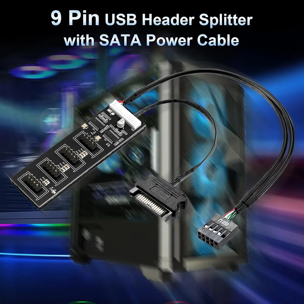 Neuer 9-poliger USB-Header-Splitter, USB 2.0-Header-Splitter mit SATA-Stromkabel, interner USB-Hub für CPU/RGB-Licht/Drucker
