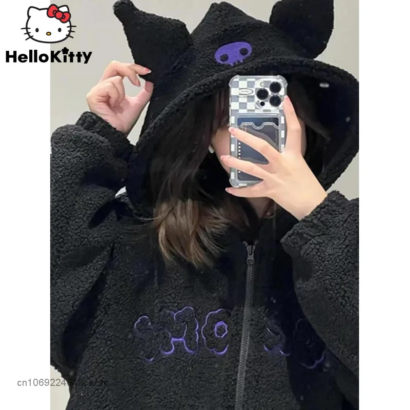 Sanrio Kuromi Plush Warm Sweater Embroidery Hooded Lamb Fleece Autumn Winter Coat Y2k Sweet Girls Chic Loose Clothes For Women