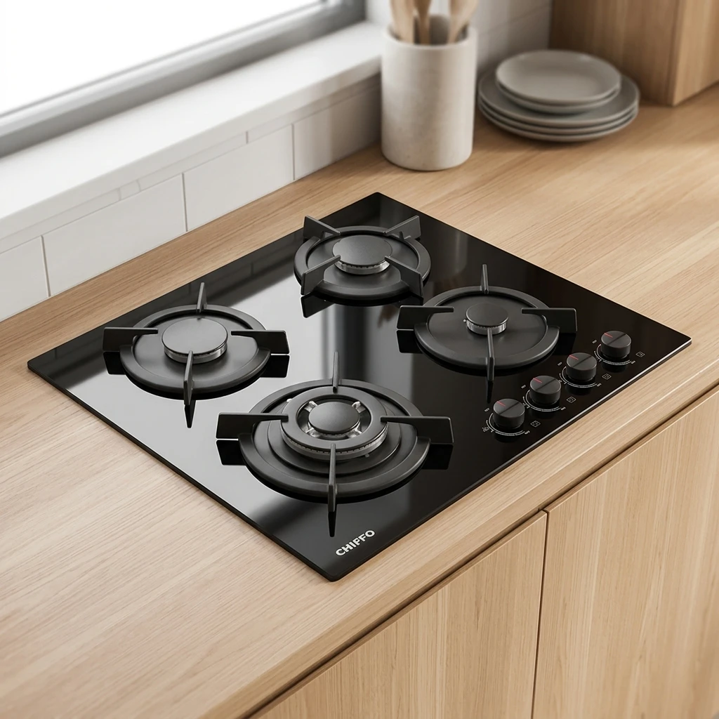 Built-in Four-burner Gas Electric Stove Battery-Powered Option for Home Hotel Use Multi-knob Controls Flameout Protection Glass