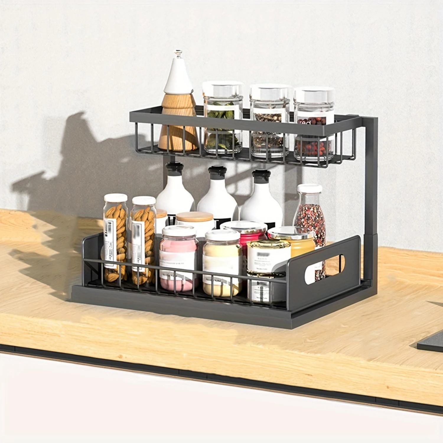 

1pc Large Capacity 2-Tier Under Sink Organizer with Sliding Drawer - Heavy Duty for Bathroom and Kitchen - Black/White - Maximiz