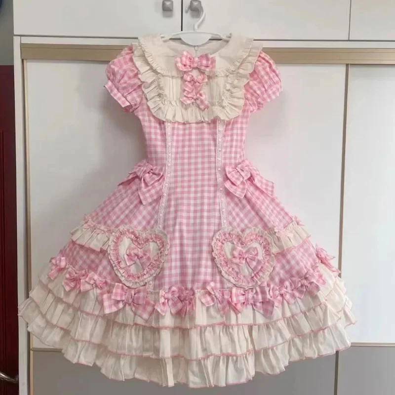 

Midi Dresses Lolita Sweet Y2K Dress Pink Gingham Short Sleeve Bows With Heart Trim Girl JK Summer Outfit With Matching Headband