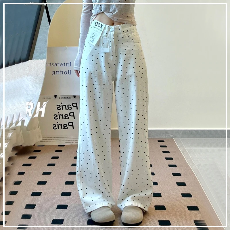 

Retro Polka Dot Straight Leg Women's Summer 2024 New Patchwork Button Pocket Zipper Fashion Casual Loose Slim High-waisted Jeans