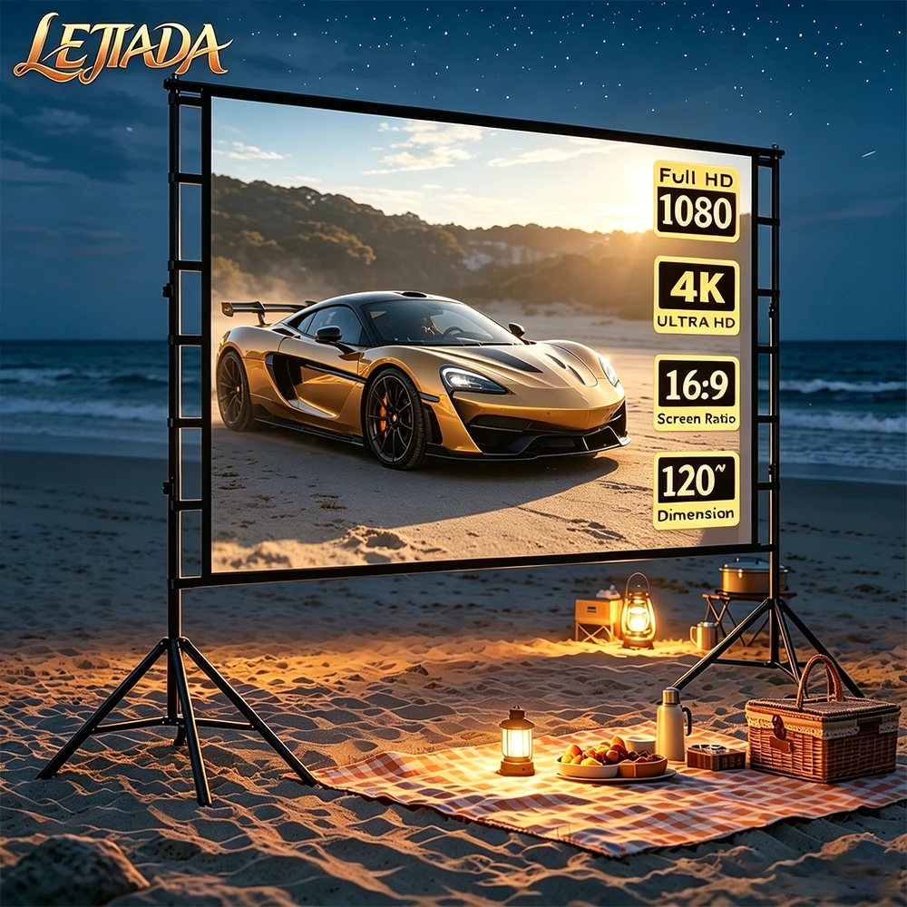 LEJIADA Metall-Doppel-Dreieckhalterung, verdickte, lichtdichte, faltbare Projektionsleinwand für Heimkino, Camping im Freien, 60-150 Zoll
