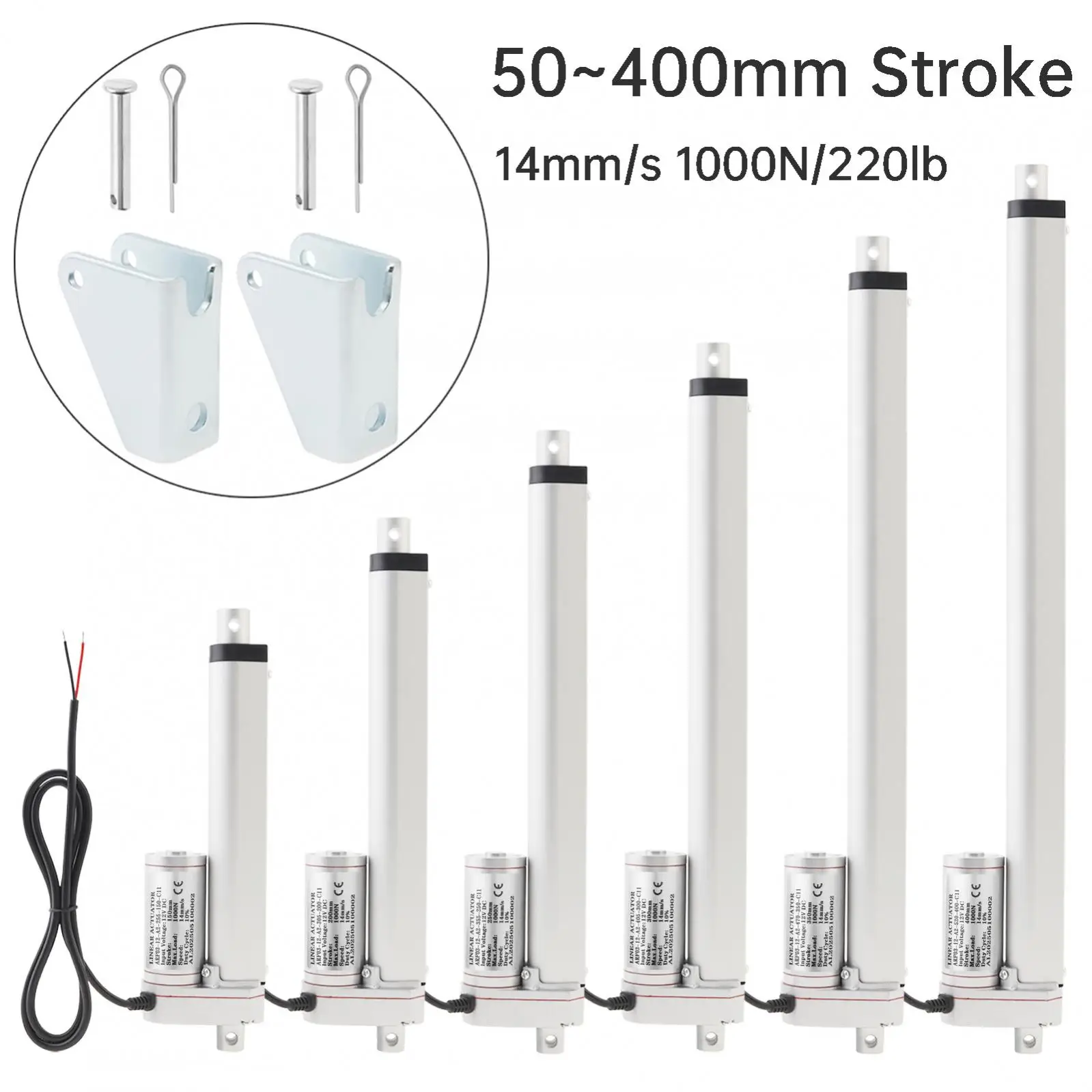 

DC 12V Linear Actuator 14mm/s 50-400mm Stroke 1000N/220lb Electric DC Motor Linear Motion Actuator with Mounting Bracket