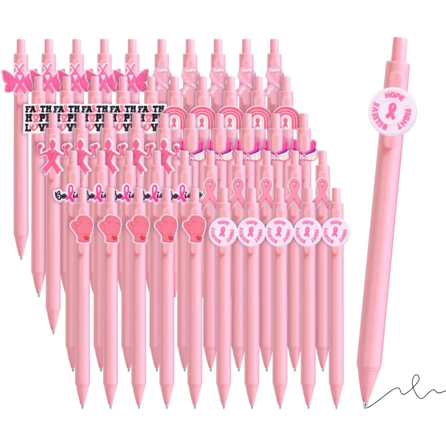 

50PCS Pink Breast Cancer Awareness Gel Pens Bulk Pink Ribbon Gel Ink Pens with Inspiratiol Sayings Retractable Medium Point Bla