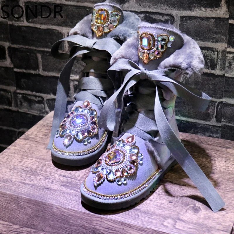 Womens Round Toe Rhinestones Rainbow Diamond Ankle Boots Warm Winter Snow Thick Bowknot Shoes Real Leather